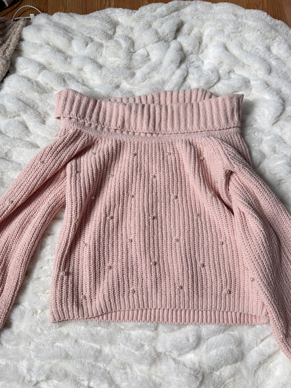 Derek Heart Blush Pink Off-Shoulder Pearl Knit Sweater